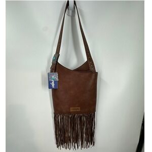 Wrangler Western Fringe Hobo Shoulder Crossbody Bag Purse Brown Vegan Leather‎